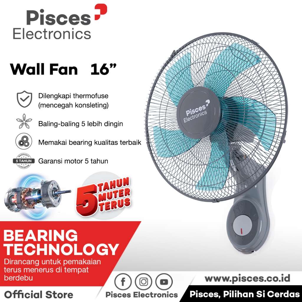 Kipas Angin Dinding / Wall Fan 16″ 1611 PRO dengan Teknologi Bearing & Thermofuse