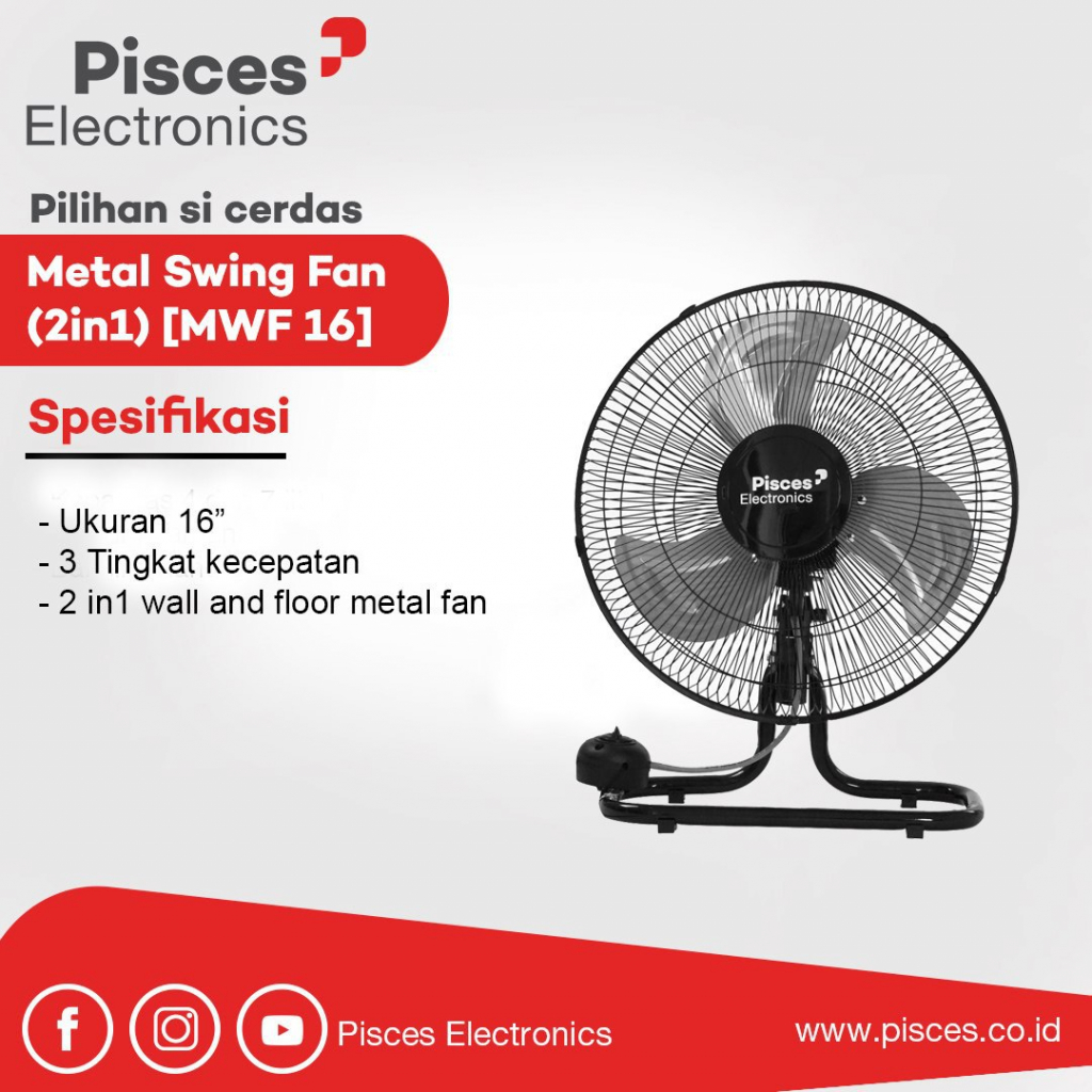 Pisces Kipas Angin Besi 2in1 Metal Floor & Wall Fan 16Inch dengan Bearing MWF16
